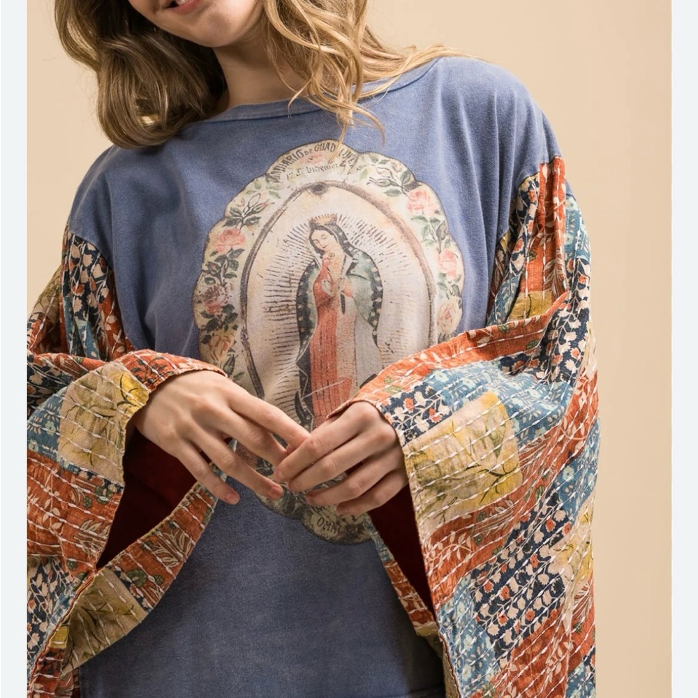 NWT Patchwork Kantha Lady of‎ Guadalupe Graphic Kimono Poncho Festival Top L/XL
